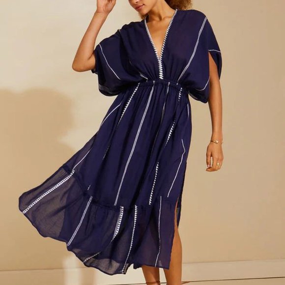NWT Lemlem Leila Plunge Dress in Nunu Navy, Size Medium - Picture 1 of 9
